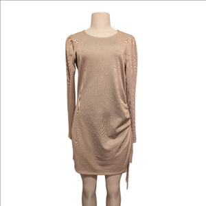 Shabby Chic Fold Metallic Dress Knee Length Rouching Design Long Sleeve Size M